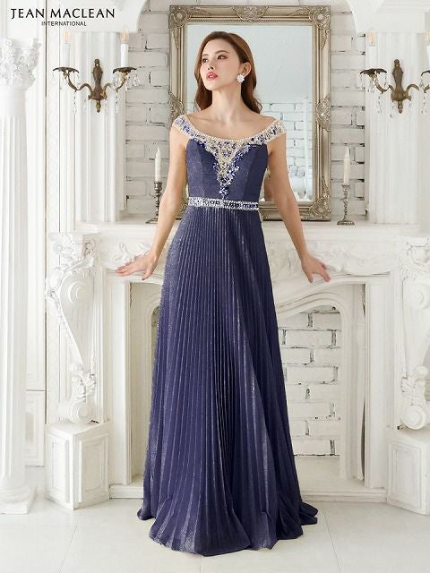 JEAN MACLEAN ジャンマクレーン オフショル/ビジュー/ラメニット/プリーツ/フレア/ロングドレス ピンクベージュ ja41551-1-ks