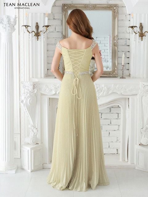 JEAN MACLEAN ジャンマクレーン オフショル/ビジュー/ラメニット/プリーツ/フレア/ロングドレス ピンクベージュ ja41551-1-ks