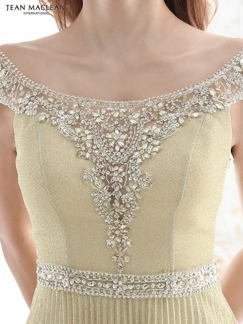 JEAN MACLEAN ジャンマクレーン オフショル/ビジュー/ラメニット/プリーツ/フレア/ロングドレス ピンクベージュ ja41551-1-ks