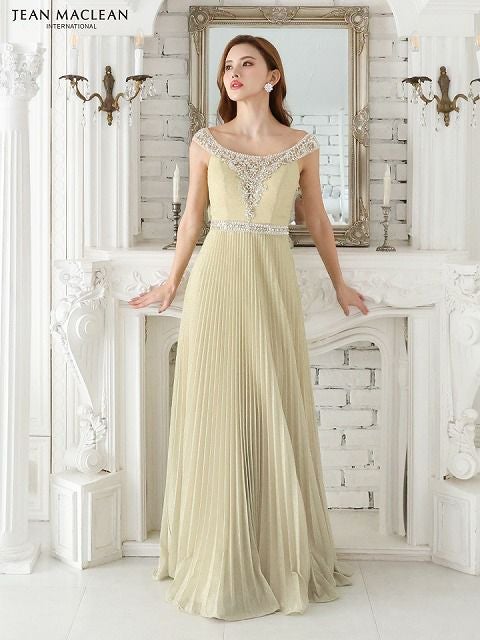 JEAN MACLEAN ジャンマクレーン オフショル/ビジュー/ラメニット/プリーツ/フレア/ロングドレス ja41551-c