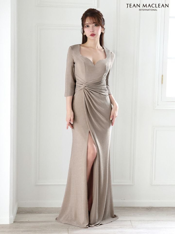 JEAN MACLEAN ジャンマクレーン ワンカラー/ロングスリーブ/ラメニット/ウエストタック/スリット入り/タイト/ロングドレス ja51782-c