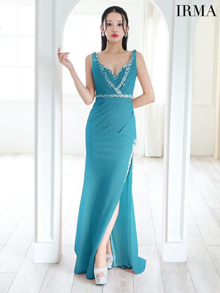 IRMA イルマ ワンカラー/タックビジューライン/スリット入り/タイト ロングドレス ir51777-c