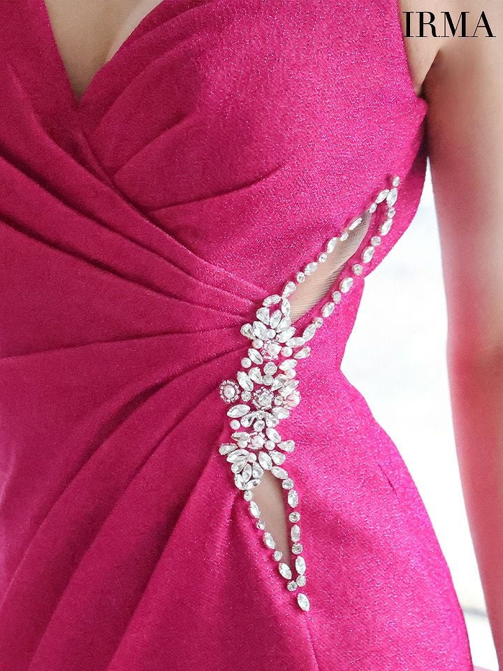 IRMA イルマ ワンカラー/カシュクール/ウエストサイドカットデザイン/ビジュー/スリット入り/タイトロングドレス ir51781-c