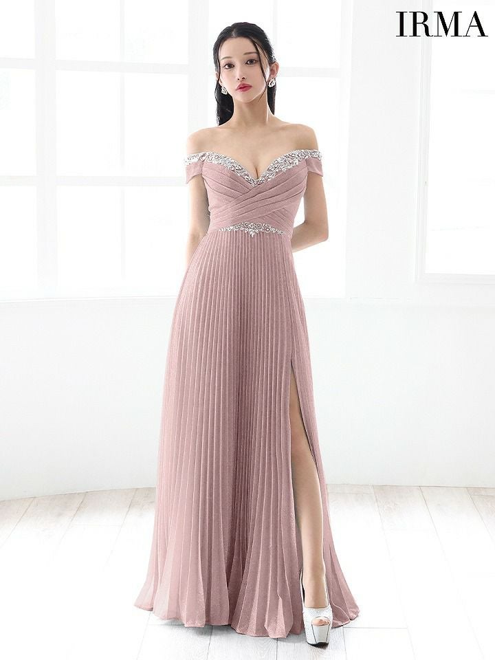 IRMA イルマ ワンカラー/オフショル/ビジュー/タックデザイン/スリット入り/プリーツ/ロングドレス ir51780-c