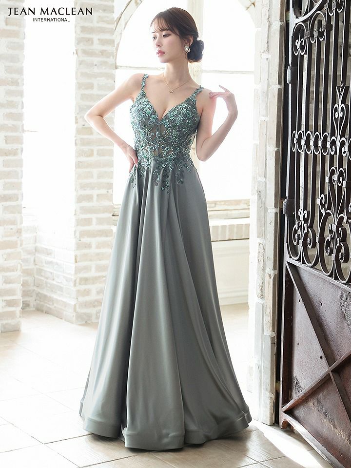 JEAN MACLEAN ジャンマクレーン サテン/スパンコール刺繍/Aライン/フレア/ロングドレス シャンパン ja51803-4-ks