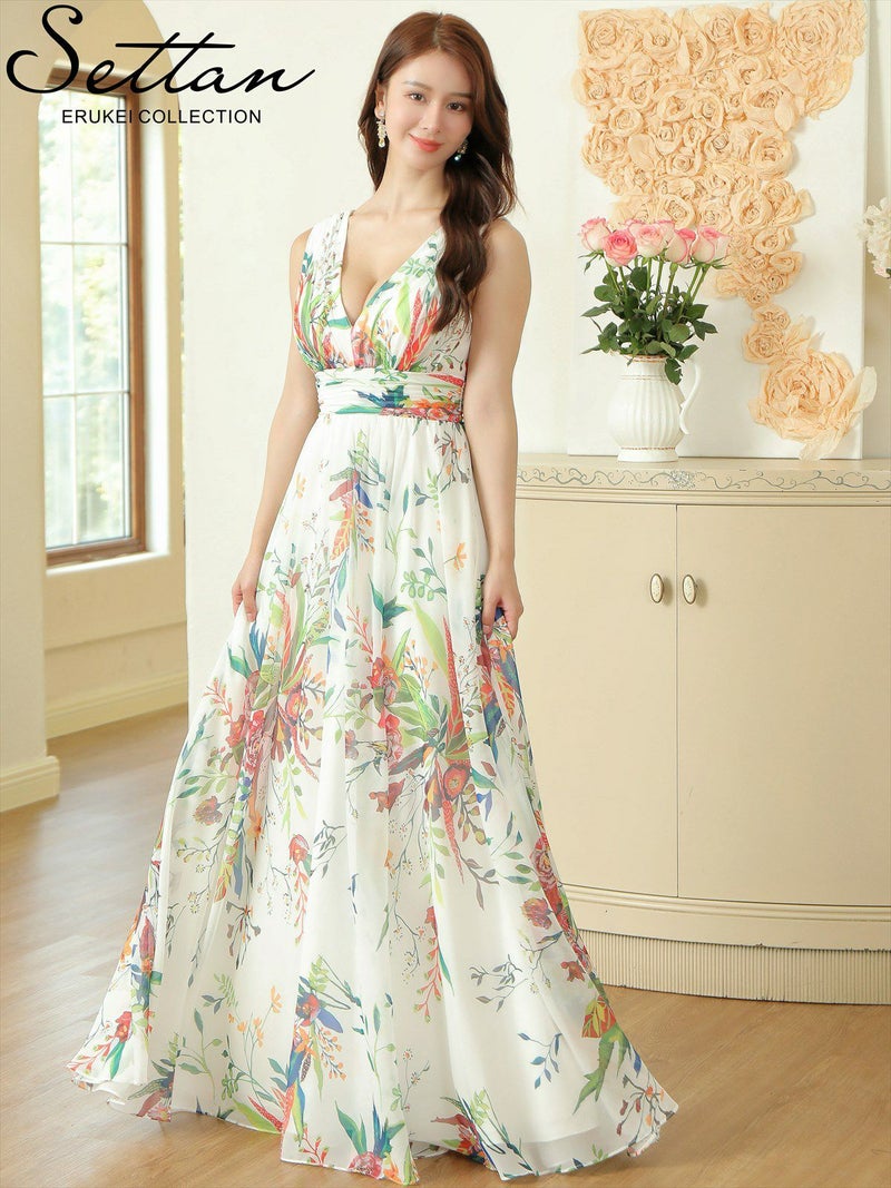 ERUKEI エルケイ ホワイト シフォン・花柄・フラワープリント・Aライン・Vネック・ノースリーブ・ロングドレス ek-s35901-4