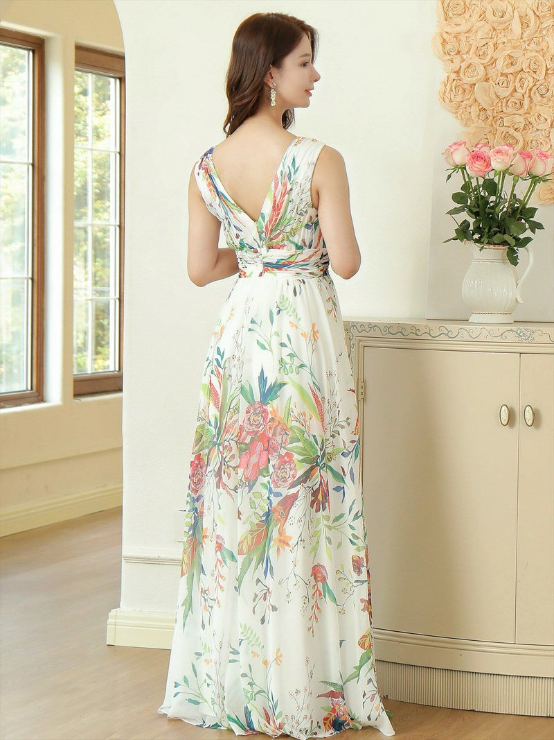 ERUKEI エルケイ ホワイト シフォン・花柄・フラワープリント・Aライン・Vネック・ノースリーブ・ロングドレス ek-s35901-4