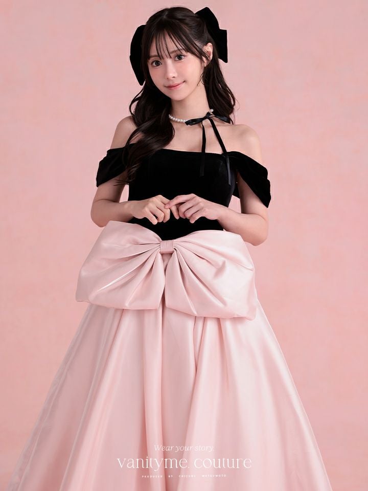 vanityME.couture.バニティミークチュール Françoise フランソワーズ ビッグリボン サテン ウエストマーク バイカラー オフショル 姫 ロングドレス バースデードレス ピンク×ブラック vctr-t-25003
