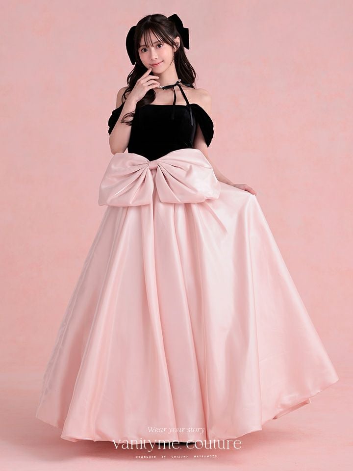 vanityME.couture.バニティーミークチュール【ひめかさん着用】 Francoise フランソワーズ ビッグリボン サテン ウエストマーク バイカラー オフショル 姫 ロングドレス バースデードレス ピンク×ブラック vctr-c-25003