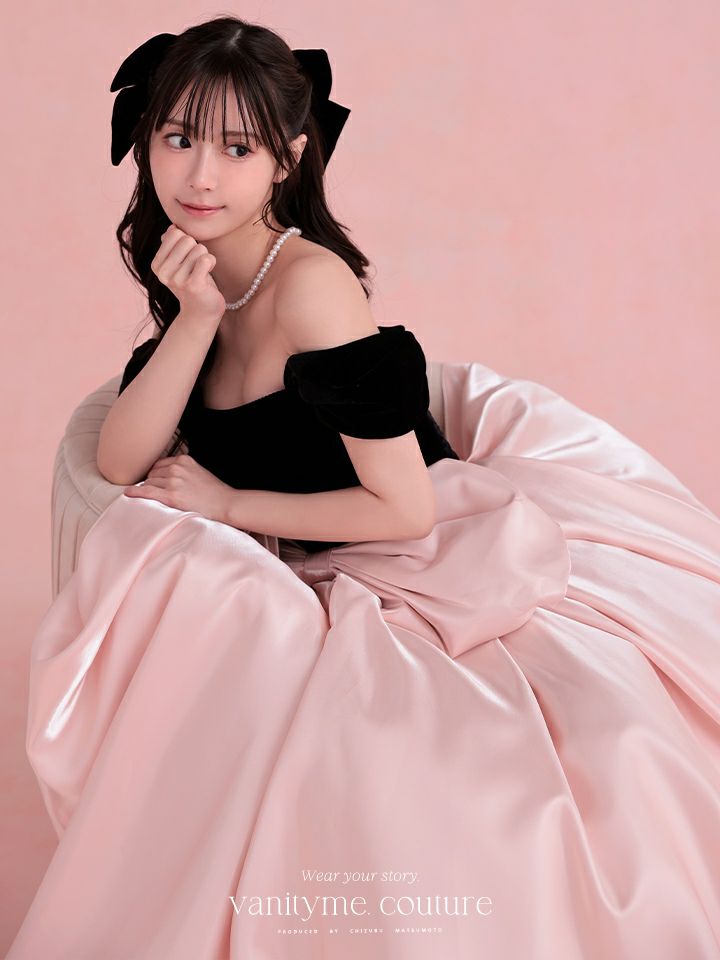 vanityME.couture.バニティーミークチュール【ひめかさん着用】 Francoise フランソワーズ ビッグリボン サテン ウエストマーク バイカラー オフショル 姫 ロングドレス バースデードレス ピンク×ブラック vctr-c-25003