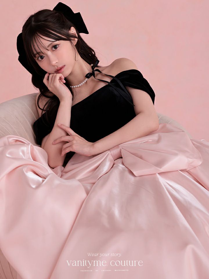 vanityME.couture.バニティーミークチュール【ひめかさん着用】 Francoise フランソワーズ ビッグリボン サテン ウエストマーク バイカラー オフショル 姫 ロングドレス バースデードレス ピンク×ブラック vctr-c-25003