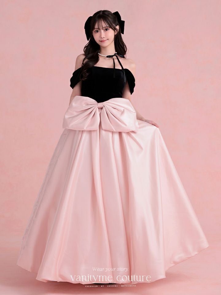 vanityME.couture.バニティーミークチュール【ひめかさん着用】 Francoise フランソワーズ ビッグリボン サテン ウエストマーク バイカラー オフショル 姫 ロングドレス バースデードレス ピンク×ブラック vctr-c-25003