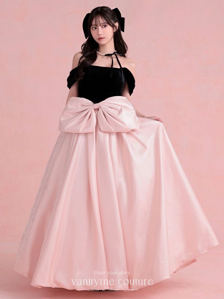 vanityME.couture.バニティーミークチュール【ひめかさん着用】 Francoise フランソワーズ ビッグリボン サテン ウエストマーク バイカラー オフショル 姫 ロングドレス バースデードレス ピンク×ブラック vctr-c-25003