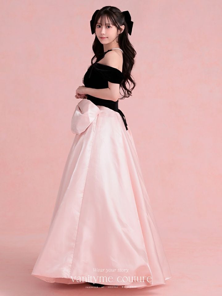 vanityME.couture.バニティーミークチュール【ひめかさん着用】 Francoise フランソワーズ ビッグリボン サテン ウエストマーク バイカラー オフショル 姫 ロングドレス バースデードレス ピンク×ブラック vctr-c-25003