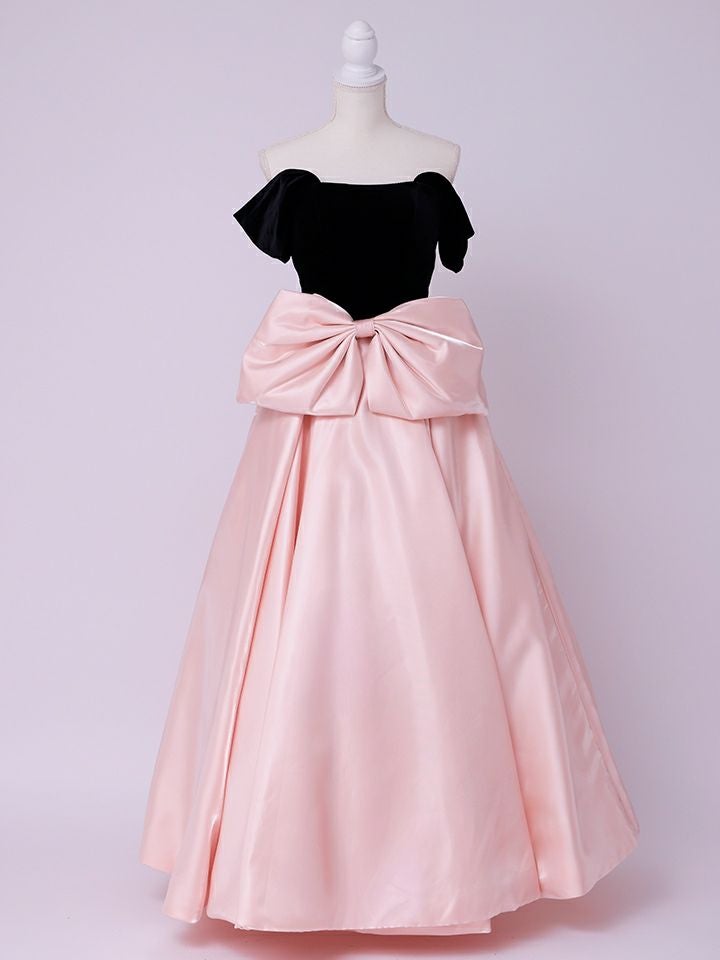 vanityME.couture.バニティーミークチュール【ひめかさん着用】 Francoise フランソワーズ ビッグリボン サテン ウエストマーク バイカラー オフショル 姫 ロングドレス バースデードレス ピンク×ブラック vctr-c-25003