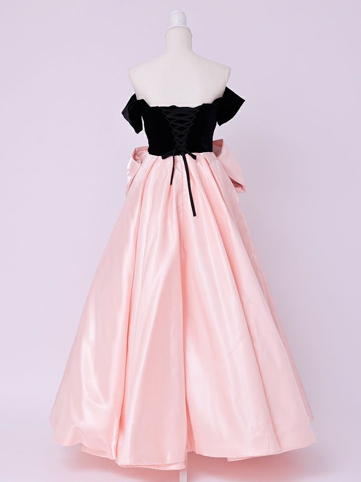 vanityME.couture.バニティーミークチュール【ひめかさん着用】 Francoise フランソワーズ ビッグリボン サテン ウエストマーク バイカラー オフショル 姫 ロングドレス バースデードレス ピンク×ブラック vctr-c-25003