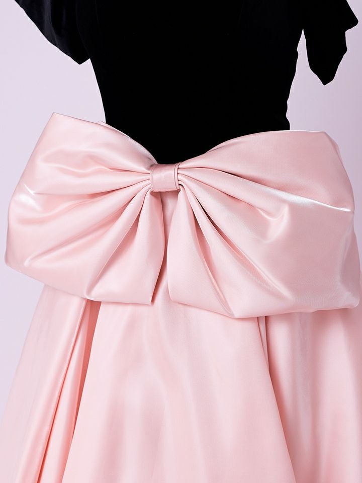 vanityME.couture.バニティーミークチュール【ひめかさん着用】 Francoise フランソワーズ ビッグリボン サテン ウエストマーク バイカラー オフショル 姫 ロングドレス バースデードレス ピンク×ブラック vctr-c-25003