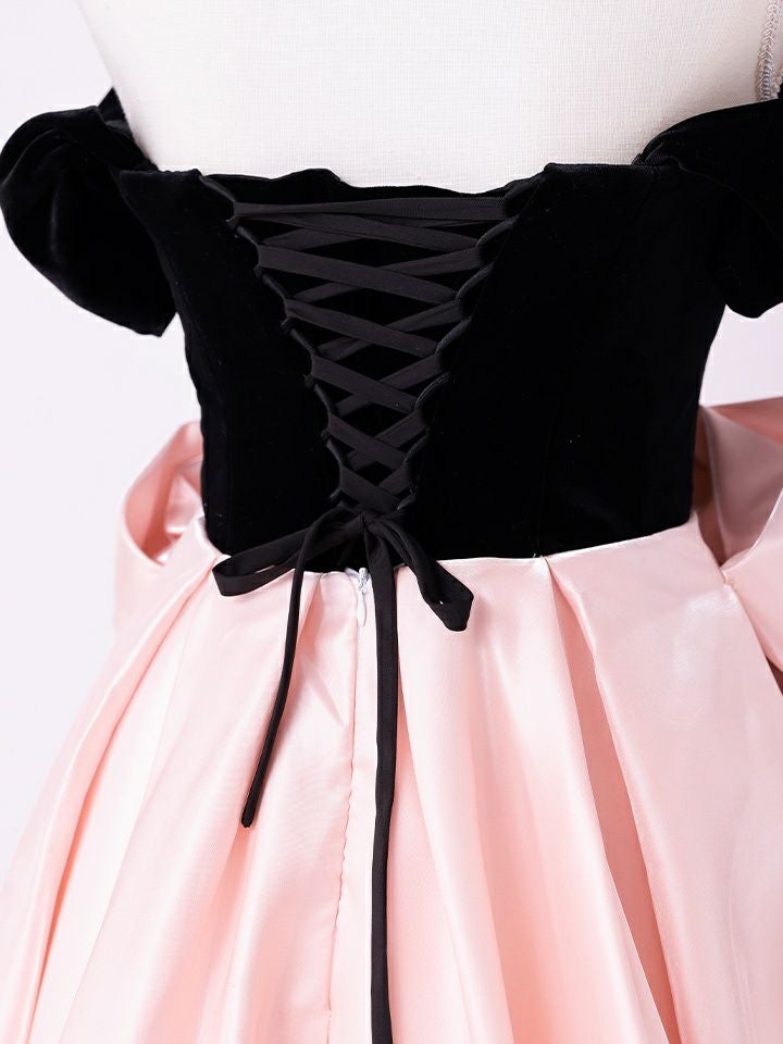 vanityME.couture.バニティーミークチュール【ひめかさん着用】 Francoise フランソワーズ ビッグリボン サテン ウエストマーク バイカラー オフショル 姫 ロングドレス バースデードレス ピンク×ブラック vctr-c-25003