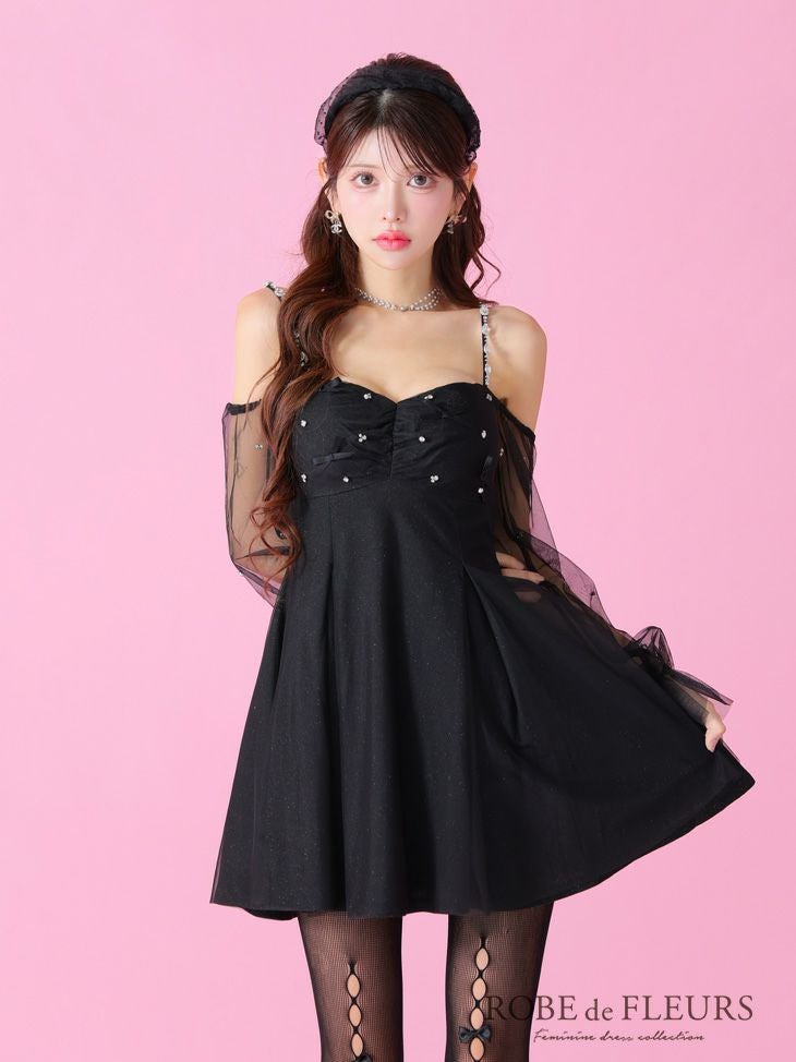 ROBE de FLEURS ローブドフルール オフショルリボンシアースリーブフレアミニキャバドレス fm3278-c