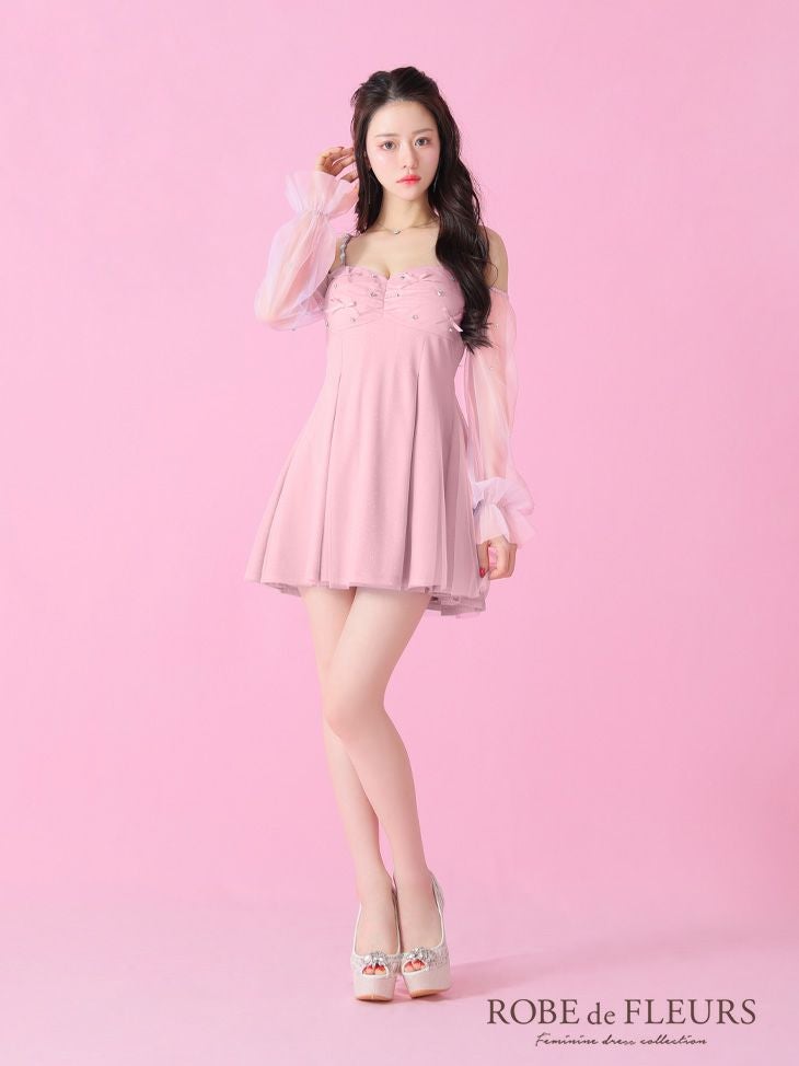 ROBE de FLEURS ローブドフルール オフショルリボンシアースリーブフレアミニキャバドレス fm3278-c