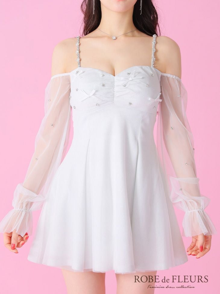 ROBE de FLEURS ローブドフルール オフショルリボンシアースリーブフレアミニキャバドレス fm3278-c