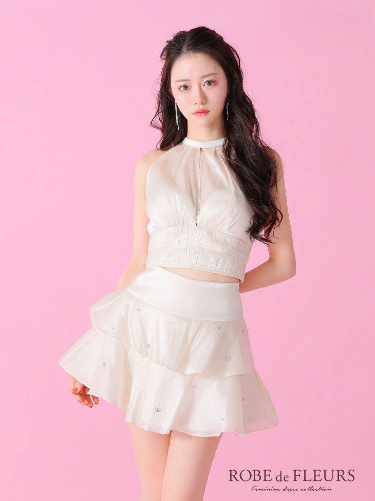 ROBE de FLEURS ローブドフルール サテンホルターティアードフレアミニキャバドレス fm3593-c