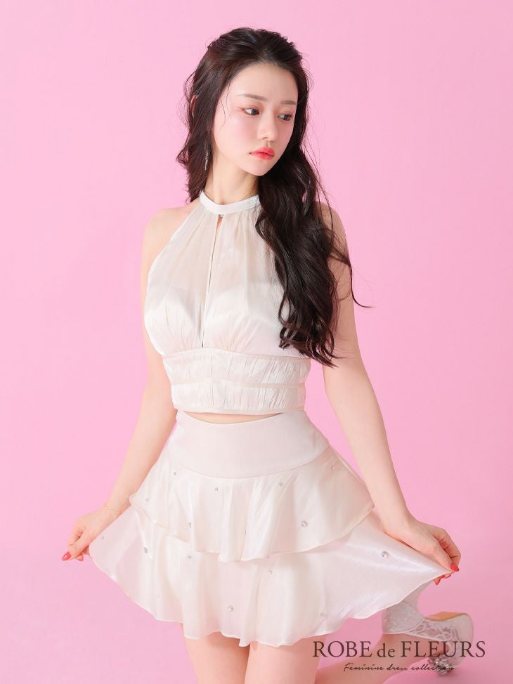 ROBE de FLEURS ローブドフルール サテンホルターティアードフレアミニキャバドレス fm3593-c