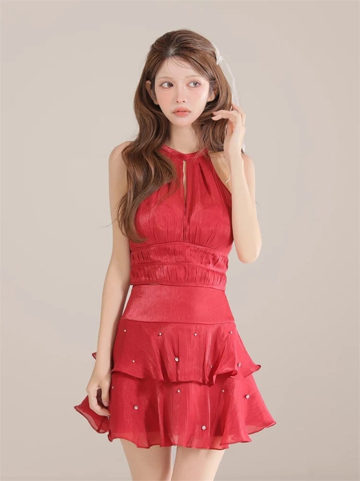 ROBE de FLEURS ローブドフルール サテンホルターティアードフレアミニキャバドレス fm3593-c