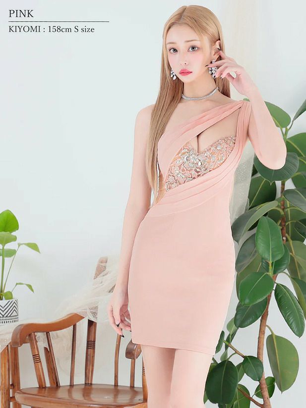 AngelR エンジェルアール ワンショルダーバストカットフラワーレースシフォンビジュータイトマイクロミニドレス ar25210-ks