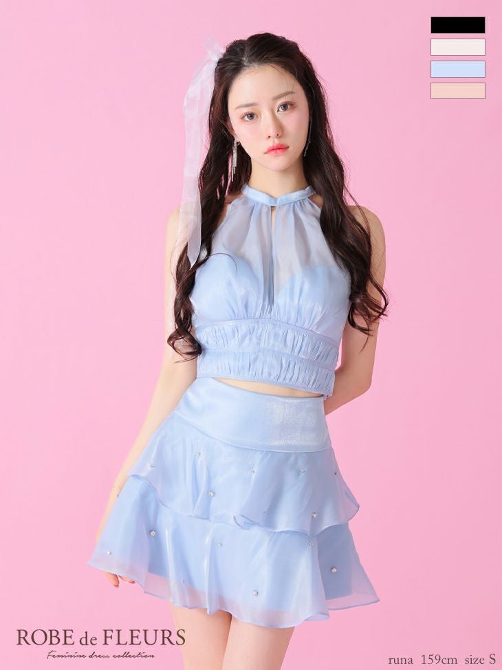 ROBE de FLEURS ローブドフルール サテンホルターティアードフレアミニ
