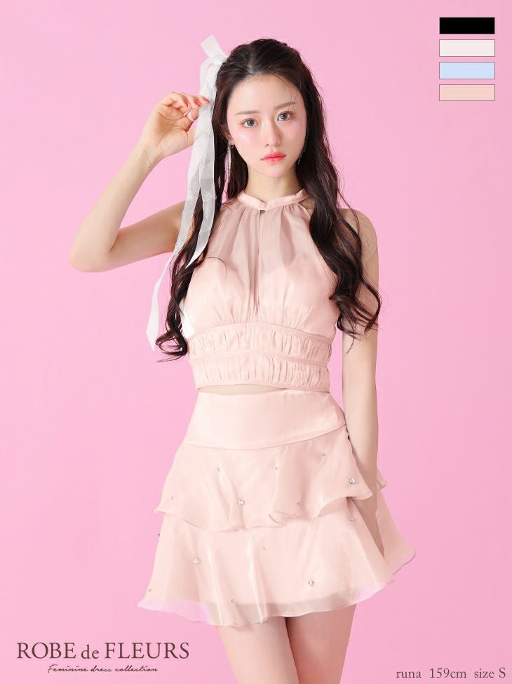 ROBE de FLEURS ローブドフルール サテンホルターティアードフレアミニキャバドレス fm3593