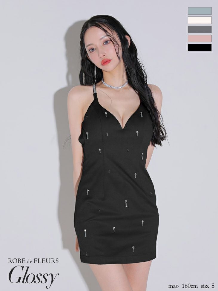 Glossy ローブドフルールグロッシー ビジューホルターシンプルタイトミニキャバドレス gl3594