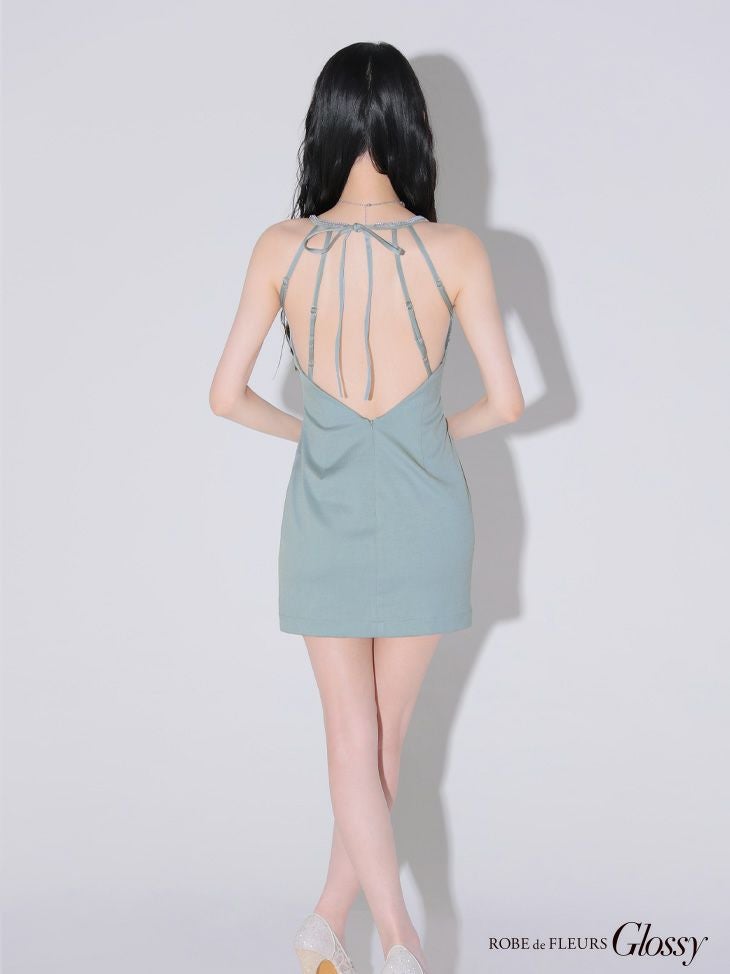Glossy ローブドフルールグロッシー ビジューホルターシンプルタイトミニキャバドレス gl3594