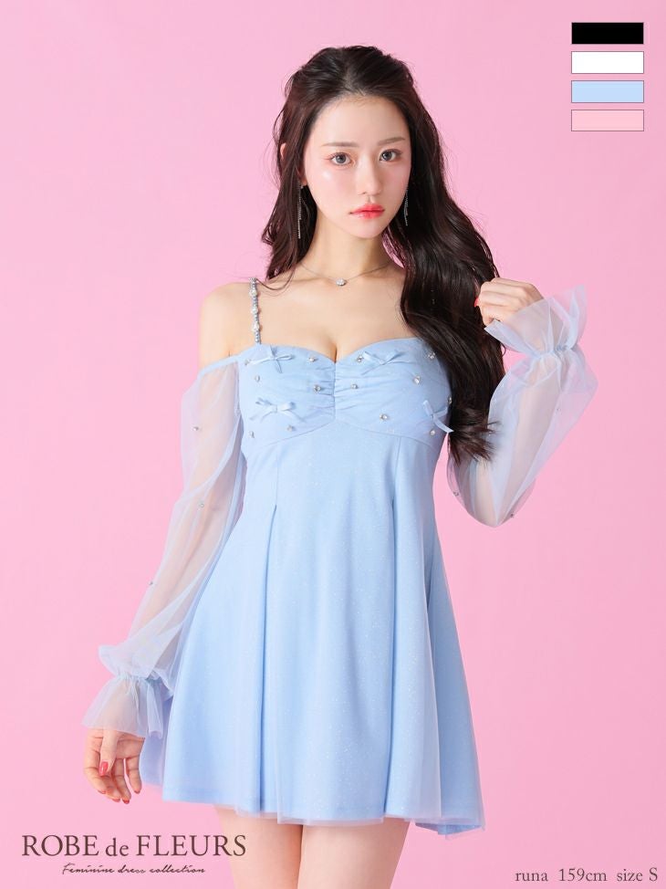 ROBE de FLEURS ローブドフルール オフショルリボンシアースリーブフレアミニキャバドレス fm3278