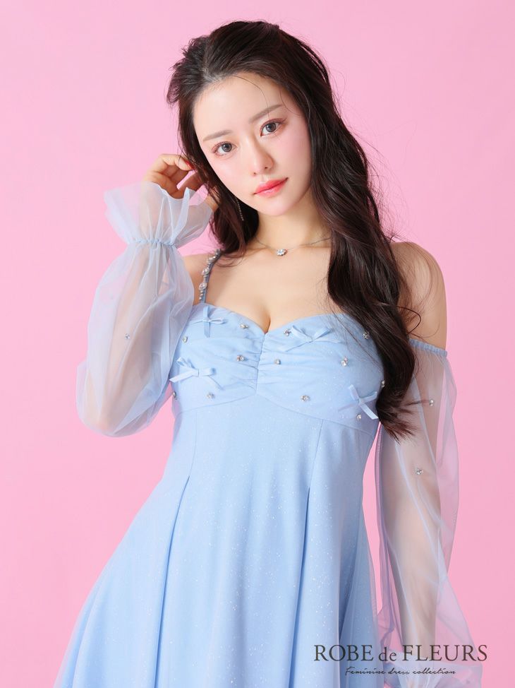 ROBE de FLEURS ローブドフルール オフショルリボンシアースリーブフレアミニキャバドレス fm3278