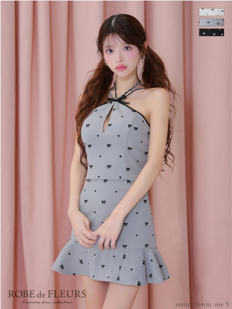  ROBE de FLEURS ローブドフルール リボン柄バストカットセットアップセミフレアミニキャバドレス fm3363-c