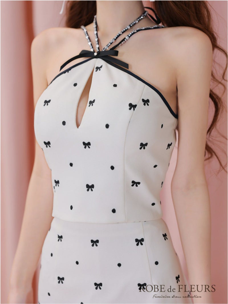  ROBE de FLEURS ローブドフルール リボン柄バストカットセットアップセミフレアミニキャバドレス fm3363-c