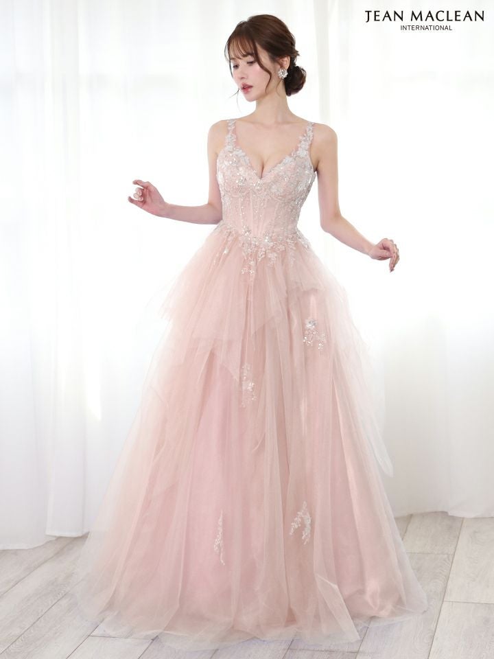 JEAN MACLEAN ジャンマクレーン フラワービジュー/ペプラム/スパンコールレース/姫/ロングドレス ピンクベージュ ja51828-2-ks