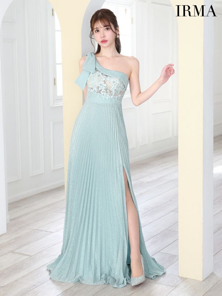 IRMA イルマ ワンショル/フラワー刺繍レース/バストトップシアー/ラメニット/スリット入り/プリーツ/ロングドレス ir51823-ks