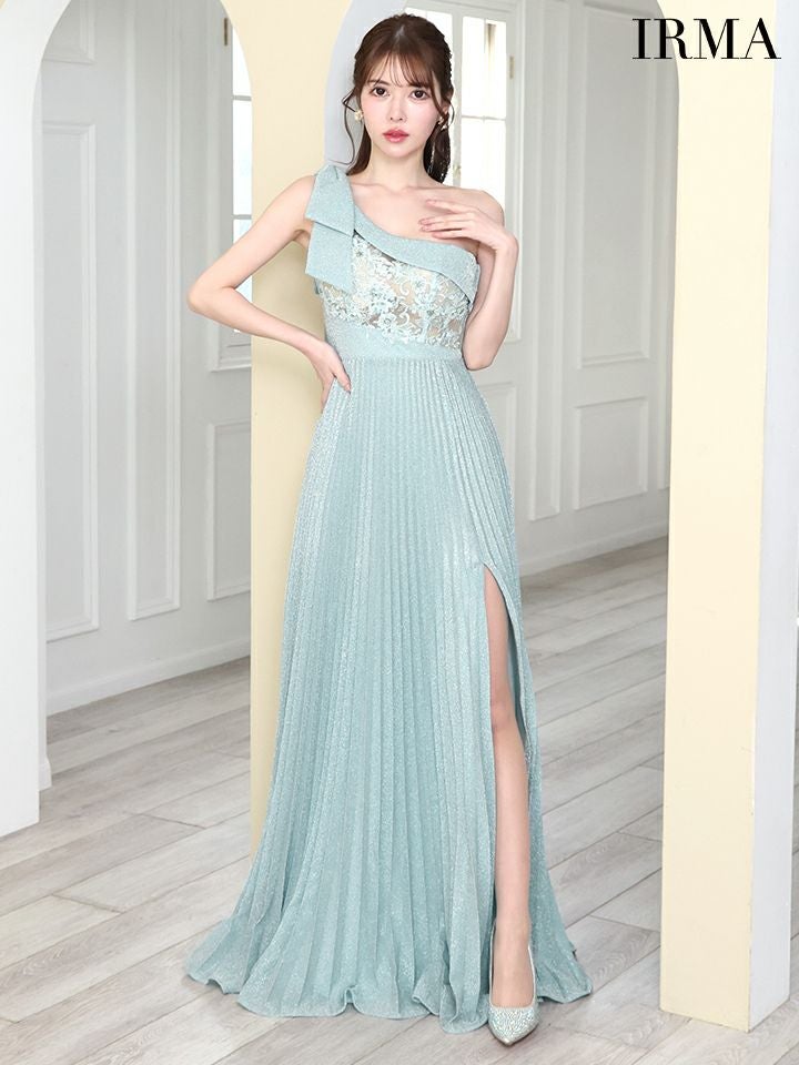 IRMA イルマ ワンショル/フラワー刺繍レース/バストトップシアー/ラメニット/スリット入り/プリーツ/ロングドレス ir51823-ks