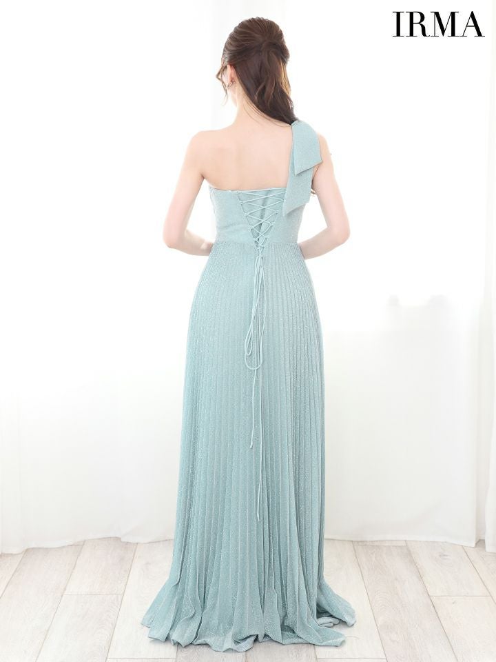 IRMA イルマ ワンショル/フラワー刺繍レース/バストトップシアー/ラメニット/スリット入り/プリーツ/ロングドレス ir51823-ks