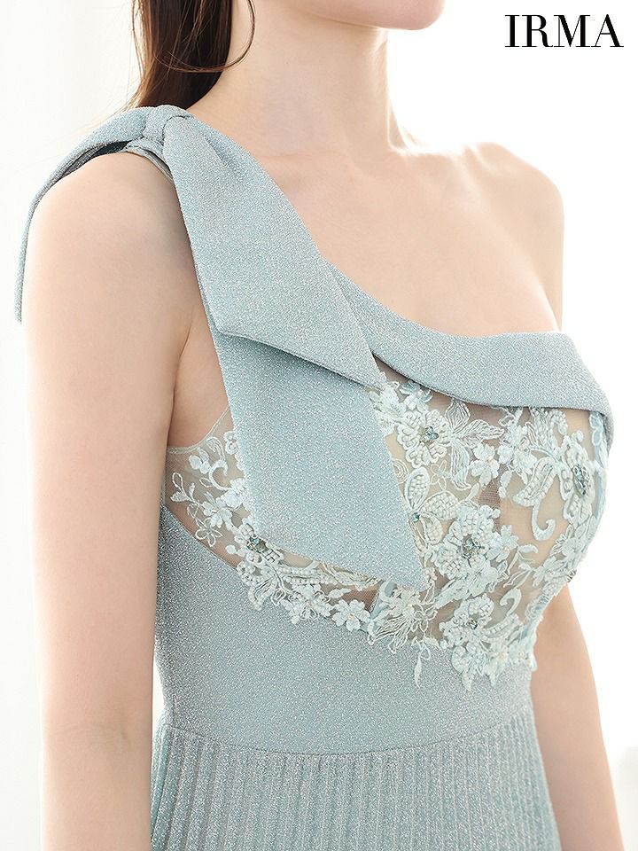 IRMA イルマ ワンショル/フラワー刺繍レース/バストトップシアー/ラメニット/スリット入り/プリーツ/ロングドレス ir51823-ks