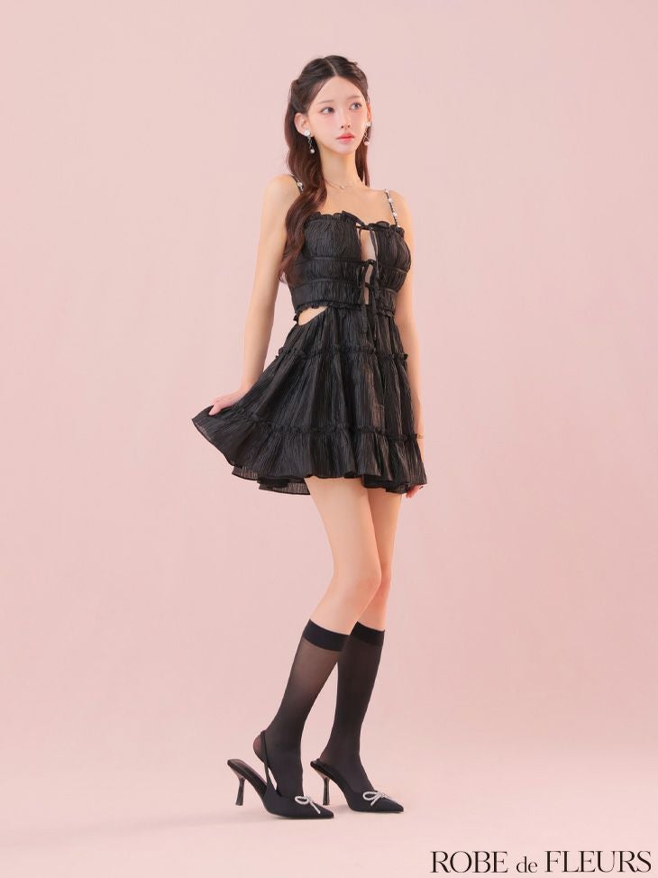 ROBE de FLEURS ローブドフルール シャーリングサテンウエストスリットフレアミニキャバドレス fm3377-c