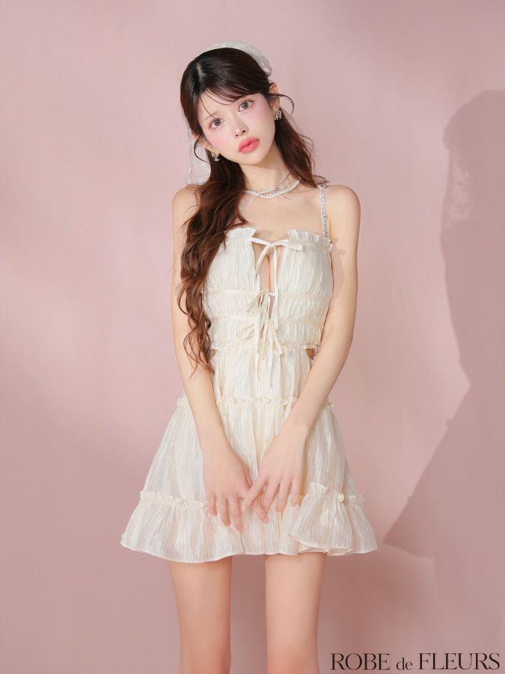 ROBE de FLEURS ローブドフルール シャーリングサテンウエストスリットフレアミニキャバドレス fm3377-c