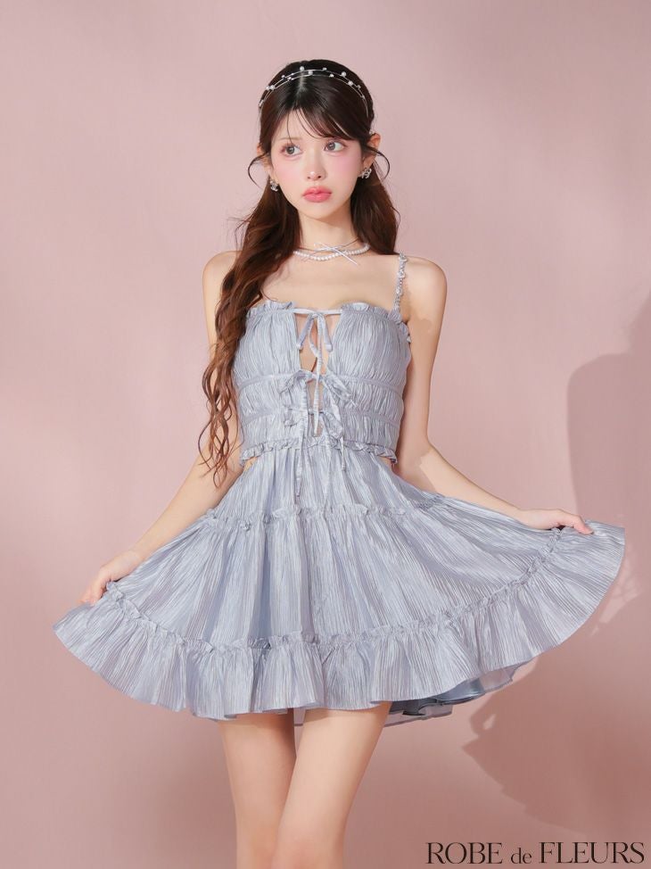 ROBE de FLEURS ローブドフルール シャーリングサテンウエストスリットフレアミニキャバドレス fm3377-c