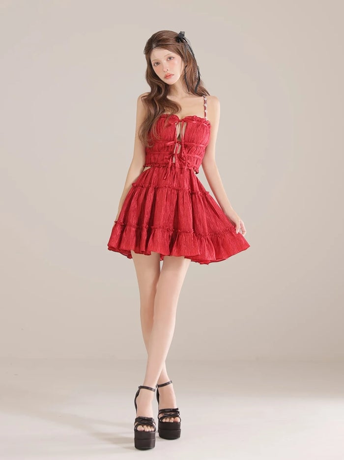 ROBE de FLEURS ローブドフルール シャーリングサテンウエストスリットフレアミニキャバドレス fm3377-c