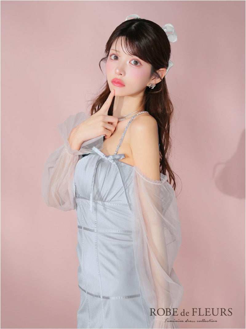ROBE de FLEURS ローブドフルール ラメチュールシアーオフショルミニキャバドレス fm3566-c