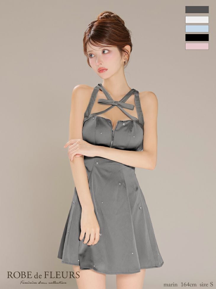 ROBE de FLEURS ローブドフルール サテンネックリボンバストジップフレアミニキャバドレス fm3597