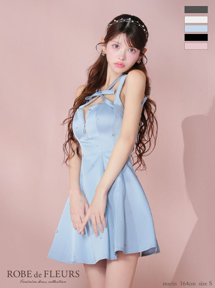 ROBE de FLEURS ローブドフルール サテンネックリボンバストジップフレアミニキャバドレス fm3597