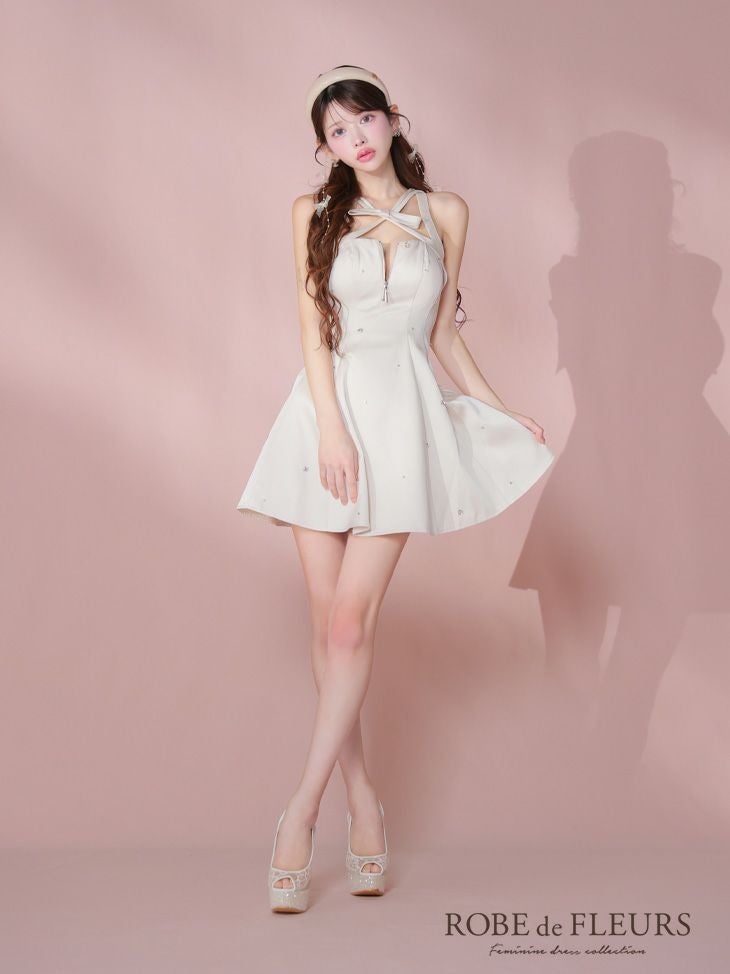 ROBE de FLEURS ローブドフルール サテンネックリボンバストジップフレアミニキャバドレス fm3597